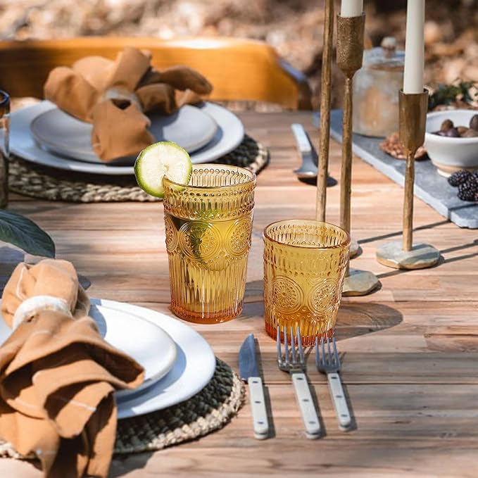 12pcs Vintage Drinking Glasses Set, 12 oz Highball Glasses & 9 oz Embossed Ribbed Glassware Cups for Thanksgiving Cocktail, Juice, Coffee, Whiskey (Amber)