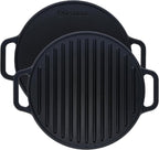 Victoria Round Cast Iron Grill. Double Burner Griddle, with Removable Coil Handles Seasoned with 100% KoBibir Certified Non-GMO Flaxseed Oil, 12.5 Inch, Black