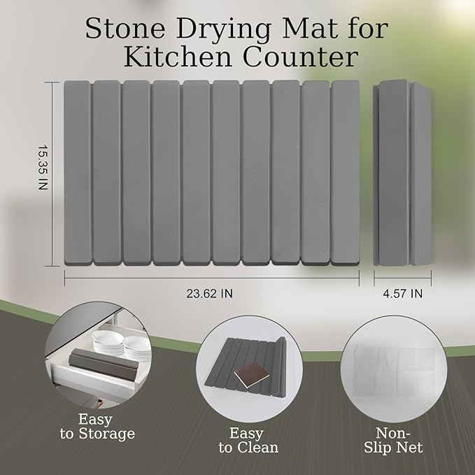 Hopegiver Stone Drying Mat for Kitchen Counter, 23.62"x15.35" Dark Gray Quick Drying Stone Mat, Super Absorbent Diatomaceous Earth Dish Drying Mat for Counter, Collapsible Design with Sanding Tools
