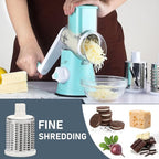 KEOUKE Rotary Cheese Grater Hand Crank Light Blue - Shredder Slicer Grinder 3 Stainless Steel Blades, Stable Suction, Labor-Saving Handle, Safe Kitchen Tool for Cheese, Vegetable, Nuts, Chocolate