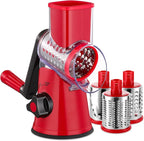 Rotary Cheese Grater with Handle - 3 in 1 Cheese Shredder Rotary Grater Stainless Steel Handheld, Vegetable Slicer for Fruit, Cheese, Nuts(Red)