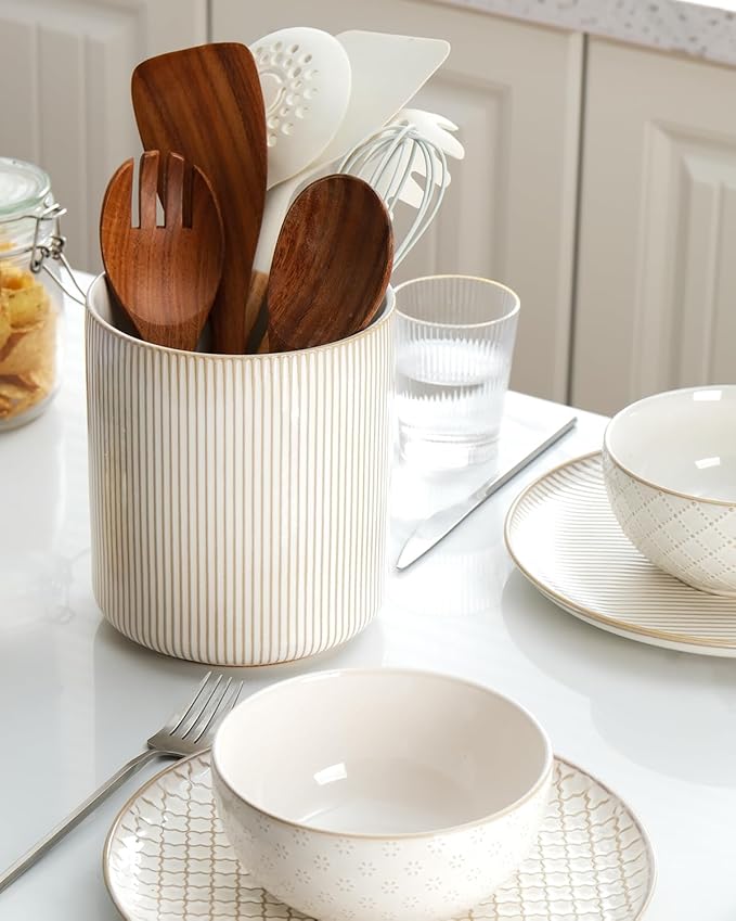 getstar Large Kitchen Utensil Holder for Kitchen Counter (H7.2” x W6.2”), Ceramic Cooking Utensil Holder with Cork Mat (Vintage)