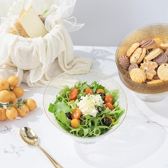 bUCLA 12 Pack Gold Glitter Plastic Serving Bowls - 20 OZ Disposable Snack, Fruit, Chip, Candy Angled Serving Bowls for Party