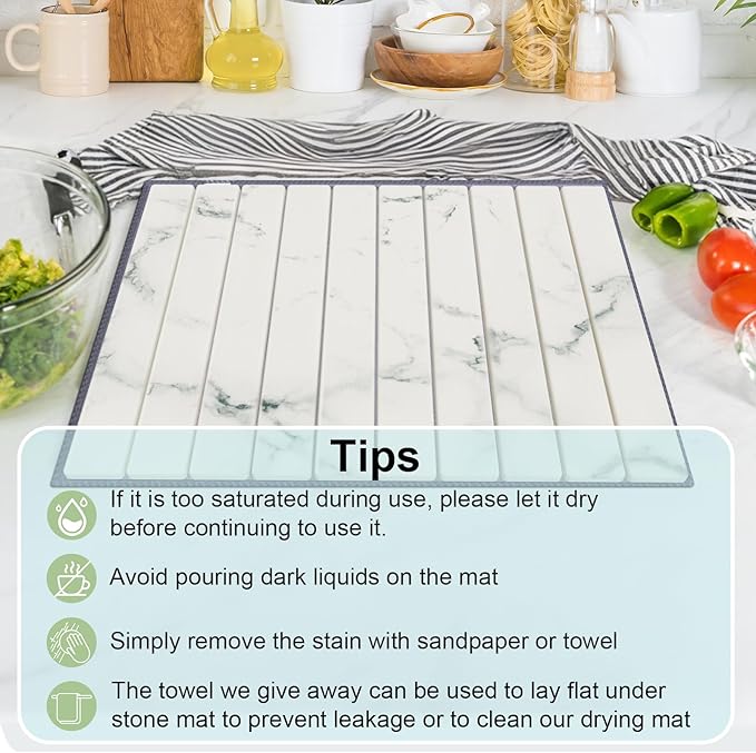 Stone Dish Drying Mat for Kitchen Counter,24"(L)×16"(W) Collapsible Fast-Drying Diatomaceous Earth Mats with Towel Sanding Tool,Versatile Stone Drying Mats for Cups Dishes Bottles