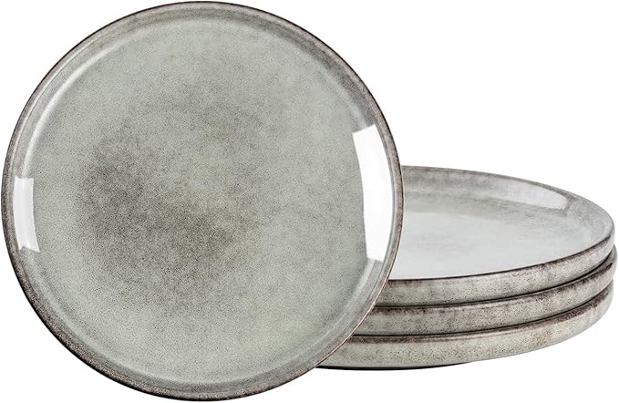 Henten Home Ceramic Dessert Plates, 8 Inch Porcelain Salad Plates Set of 4, Fluted Round Snack Plates for Kitchen, Cake Serving Stoneware Dishes, Reactive Glaze, Scratch Resistant (Grey)