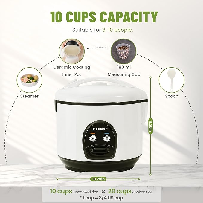 10-Cup Uncooked Rice Cooker & Food Steamer - Ceramic Non-Toxic Inner Pot, One-Touch Multifunction for Rice/Sauté/Yogurt, Dishwasher Safe, 3-10 Family Size, White