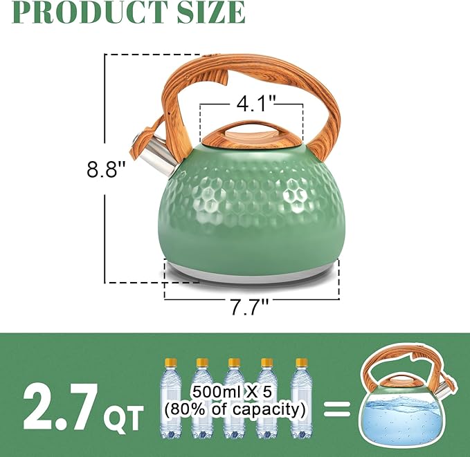 GGC Tea Kettle for Stove Top, Loud Whistling Kettle for Boiling Water Coffee or Milk, 3.1 Quart 3L Heavy Stainless Steel Green Tea Pot with Wood Pattern Handle, Unique Button Control Outlet