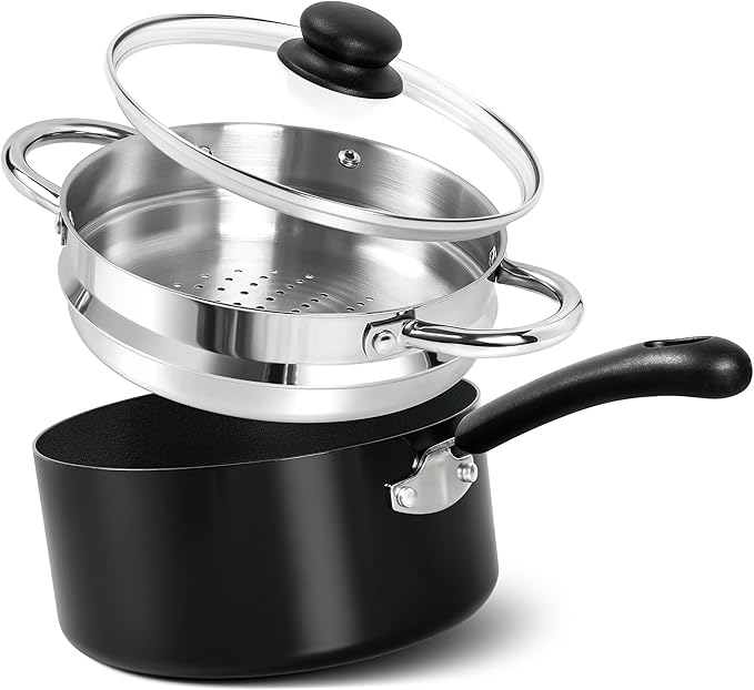 MICHELANGELO Nonstick 3 Quart Saucepan with Lid, Ceramic Small Sacuce pan with Steamer, Easy to Clean, Non-Toxic Saucepan, 3QT with Steamer, Black