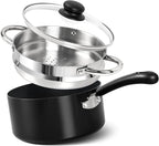 MICHELANGELO Nonstick 3 Quart Saucepan with Lid, Ceramic Small Sacuce pan with Steamer, Easy to Clean, Non-Toxic Saucepan, 3QT with Steamer, Black