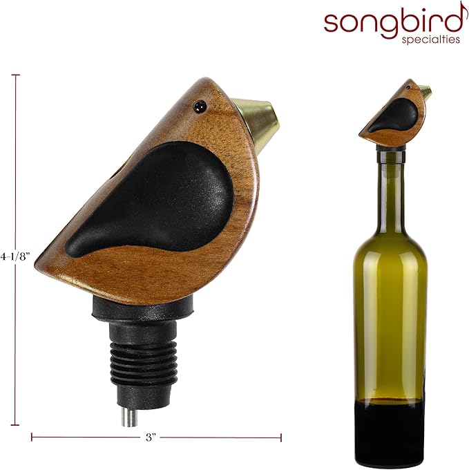 Wine Bottle Pourer, Fun Wine Pourer Spout Sings While It Pours, Airtight Wine Bottle Sealer, Acacia Wood with Black Wings