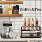 Coffee Syrup Rack Organizer - 2-Tier 10 Syrup Bottles Holder for Coffee Bar, Liquor Bottle Display Shelf - Rustic Kitchen Cabinet for Spices, Jars - Stepped Pantry Shelf for Syrup, Wine, Tea & Coffee