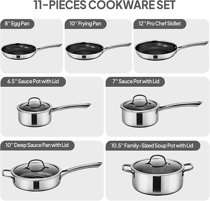 Bonnlo 11 Pieces Cookware Set, 3-Ply Stainless Steel Pots and Pans Set with Lids, Non-Toxic Kitchen Set, Oven & Dishwasher Safe, Induction Cooking Set, PFOA & PTFE Free