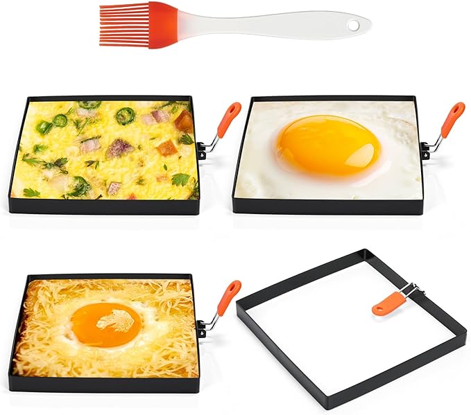 Patelai 4 Pack Square Egg Ring 6 Inch Large Stainless Steel Frying Egg Molds Griddle Pancake Shapers with Orange Silicone Handle Oil Brush for Household Breakfast Omelette Sandwich Cooking Tool
