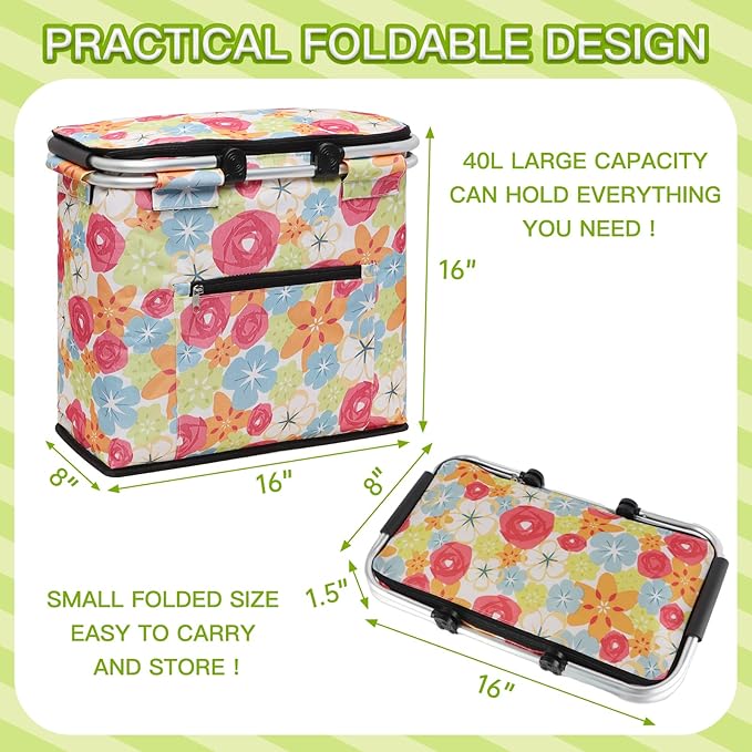 Insulated Picnic Basket,40L Leak-Proof Cooler Bag,Grocery Basket with Lid,2 Sturdy Handles,Storage Basket for Picnic, Picnic Basket for 4 Persons (Flower)
