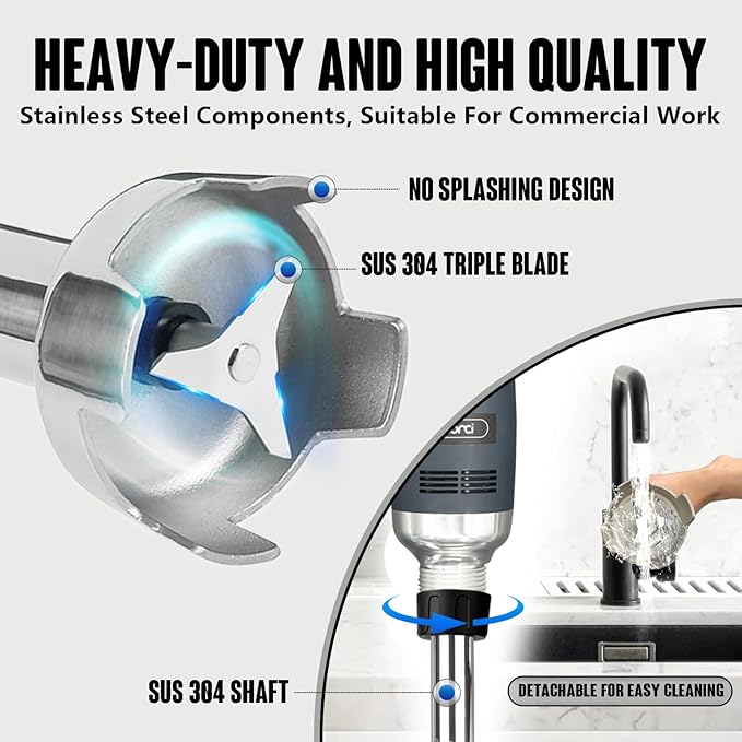 VONCI 750W Commercial Immersion Blender, Extra Heavy Duty Hand Blender with Variable Speed 8000-19000RPM, Handheld Stick Mixer with 20" SUS 304 Shaft, Commercial Emulsifier for Restaurant Kitchen.