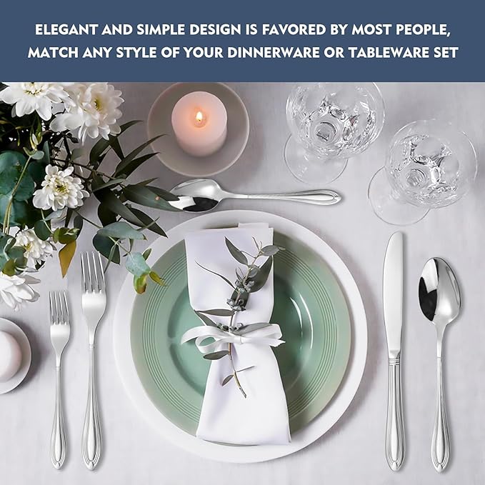 Silverware Set for 8, 40-Piece Flatware Set Include Spoons And Forks Set, Stainless Steel Cutlery Set with Line Pattern, Mirror Polished, Dishwasher Safe.