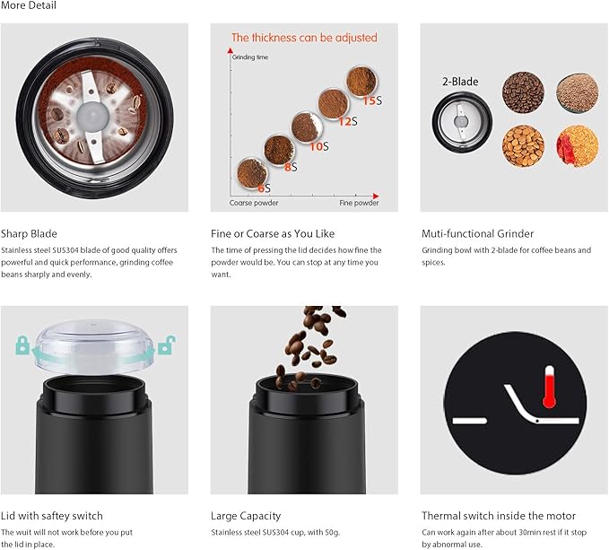 DR MILLS DM-7441 Coffee Grinder Electric, Coffee Bean and Dried Spice Grinder, One Touch Operation, Blade and cup made with SUS304 stainless steel (Black)