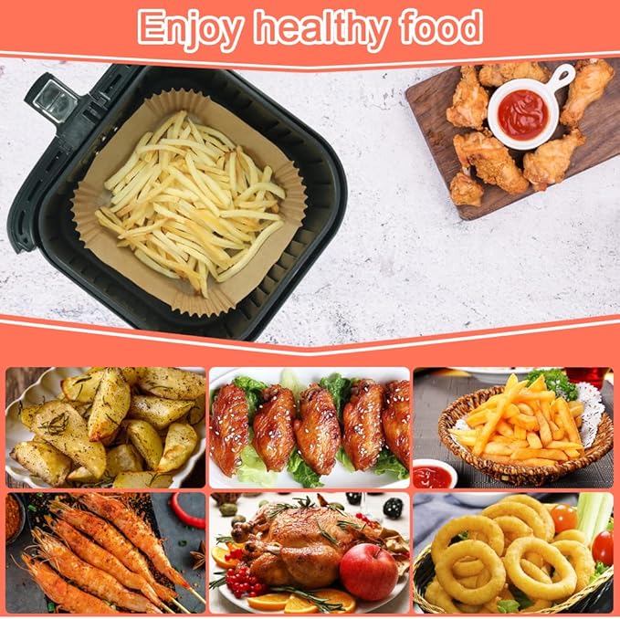 BYKITCHEN Square Air Fryer Liners for 2 to 5 Qt, Set of 100, 8 Inch Perforated Small Air Fryer Parchment Paper, Mini Air Fryer Filters for Basket, Compatible with Chefman, Instant Vortex, Dash & More