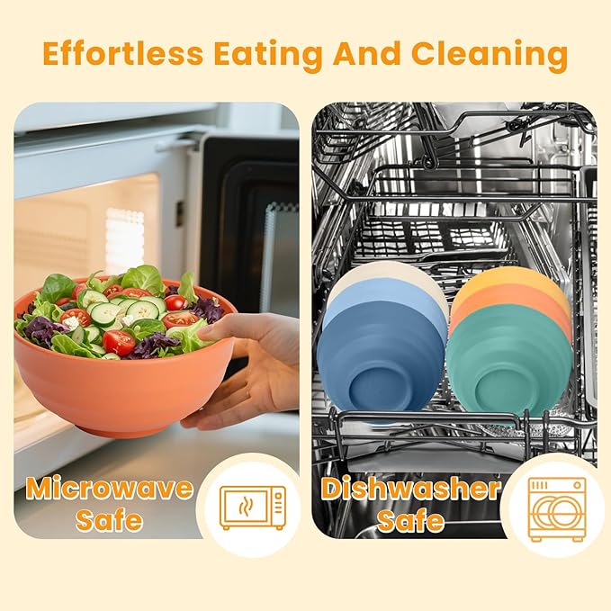 Homienly Large Bowl Set of 6, 60 oz Unbreakable Wheat Straw Bowls, Microwave Safe & Reusable for Salad, Cereal, Soup, Ideal for Camping, Picnic, Family Dining (Multi)