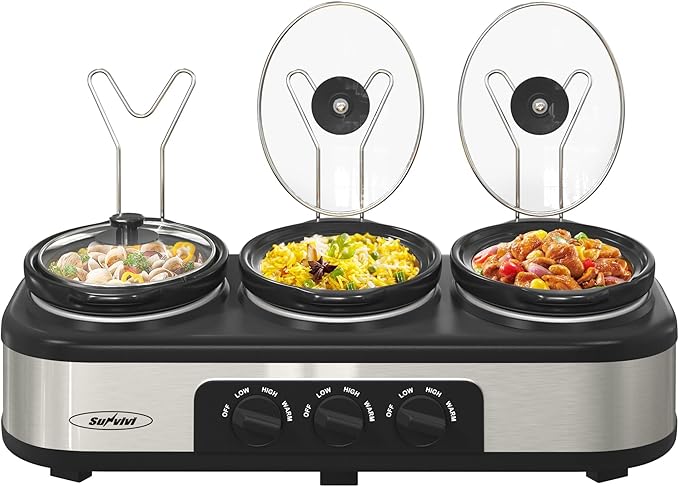 3 * 1.5 Quarts Triple Slow Cooker, Buffet Server & Warmer with 3 Removable Ceramic Pots, 3 Adjustable Temp Settings & 3 Metal Lid Rests, Stainless Steel, Silver
