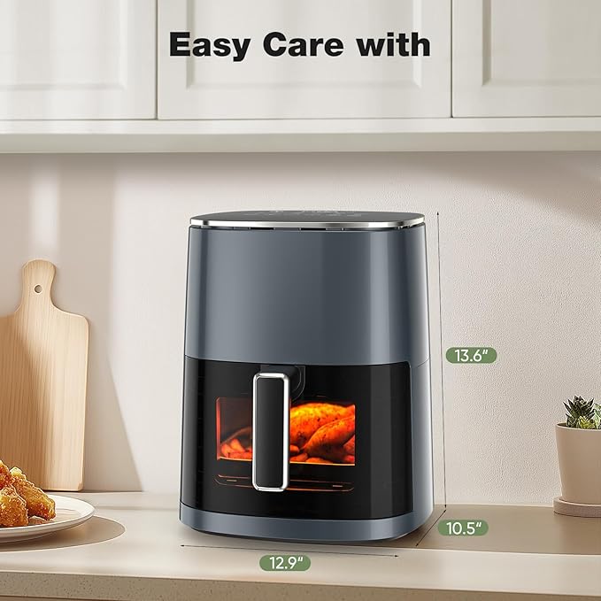 Sweetcrispy Air Fryer 6QT with Window, Square Airfryer Oven 12-in-1 for Family, 400°F Rapid Air Crispy Technology, Roast Bake Dehydrate, Nonstick & Easy-Clean Basket,Grey Black