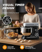 AIRMSEN Automatic Stand Mixer with LED Touchscreen & Timer - 11 Speed Tilt-Head Dough Mixer Fits 5.3QT Bowl & 3-IN-1 Attachments - Kitchen Electric Mixer for Bread Cake Baking - Black and Gray