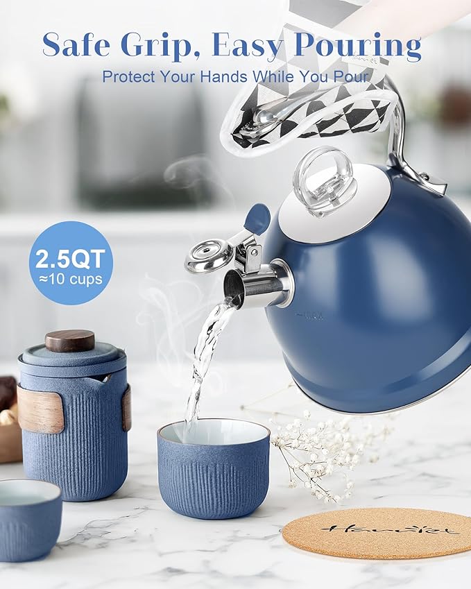 Harriet Tea Kettle Stovetop, 2.5 Quart Whistling Stainless Steel Tea Pot, 3-Layer Base, Unique Ergonomic Handle, Includes Pot Holder & Mat, Electric/Induction/Gas Stovetops Applicable, Blue