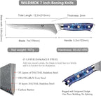 WILDMOK Damascus Boning Knife, 7 inch Super Sharp Fillet Knife, Japanese Damascus Steel, Full Tang Resin Handle, Includes Gift Box