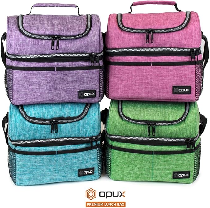 OPUX Lunch Box For Men Women, Insulated Large Lunch Bag Adult Work, Double Decker Lunchbox Meal Prep, Dual Compartment Leakproof Lunch Cooler, Soft Lunch Pail Tote Boys Girls Kids School, Green 12L