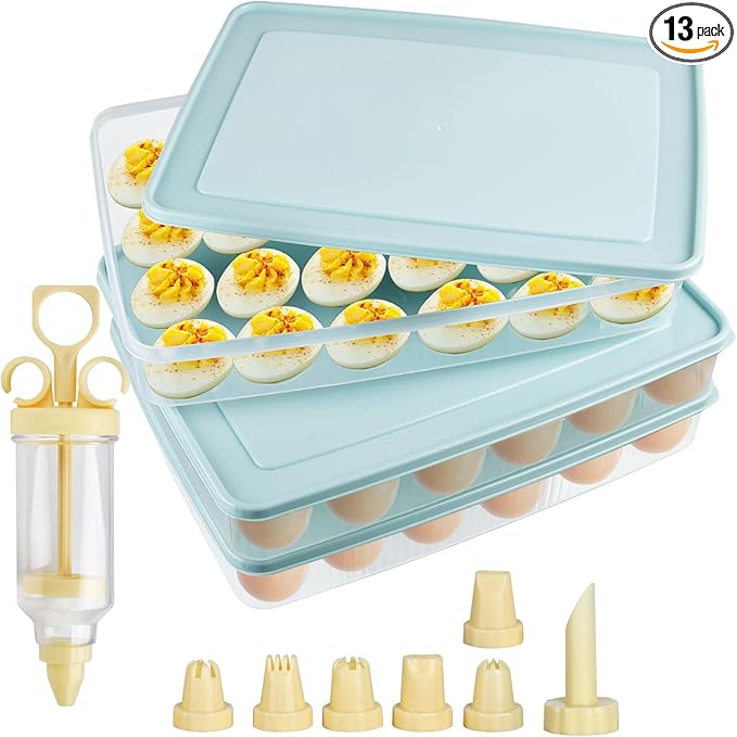 3 Pcs Deviled Egg Containers with Lid,72 Count Plastic Egg Holder and Deviled Egg Injector Piping Tool,Portable Storage Carrier Fridge Stackable Countertop Egg Platter for Easter Picnic Party