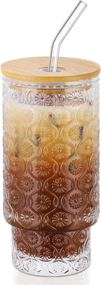 16 Oz Glass Cups with Lid and Straw, Vintage Embossed Floral Glass Tumbler, Iced Coffee Cups for Whiskey Cocktail Beer (1 PACK)