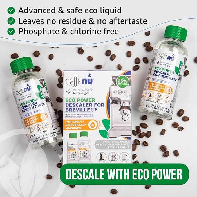 Breville Compatible Descaling Solution. 2 Bottles of Descaler Solution. Descaling Kit Removes Limescale For Hotter Coffee. 4 Uses Descaler For Breville Coffee Machines.