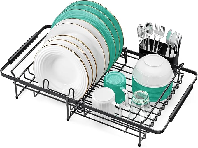 Expandable Dish Drying Rack Over The Sink, Adjustable Dish Rack in Sink, Dish Drainer for Kitchen Counter, Dish Strainer with Utensil Holder, Dish Rack Fit for 14"-19" Kitchen Sink, Matte Black