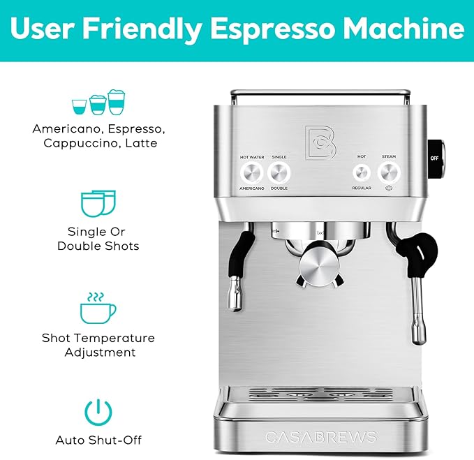 CASABREWS 4700Gense 20-Bar Espresso Machine with Milk Frother and Hot Water Wand, Adjustable Temperature, Ideal for Americano, Latte, Cappuccino