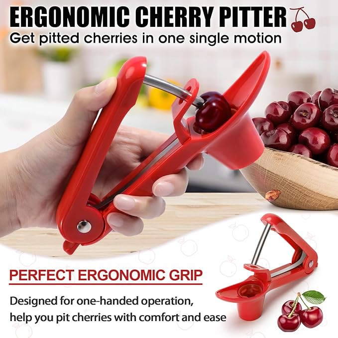 SCHVUBENR Cherry Pitter Tool - Stainless Steel Cherry Corer Pitter with Ergonomic Push Design - Easy to Use for Making Cherry Jam - Pit Cherry with Ease, Saving Time & Space with Lock Design(Red)