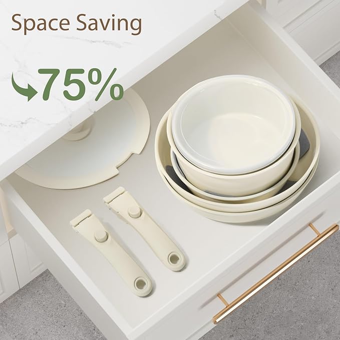 Pots and Pans Non Stick,16Pcs Ceramic Nonstick Cookware Sets, Induction Kitchen Set with Removable Handle, Cooking Frying Pans & Saucepans(PFOS, PFOA Free), Oven/Dishwasher/Fridge Safe, Space Saving