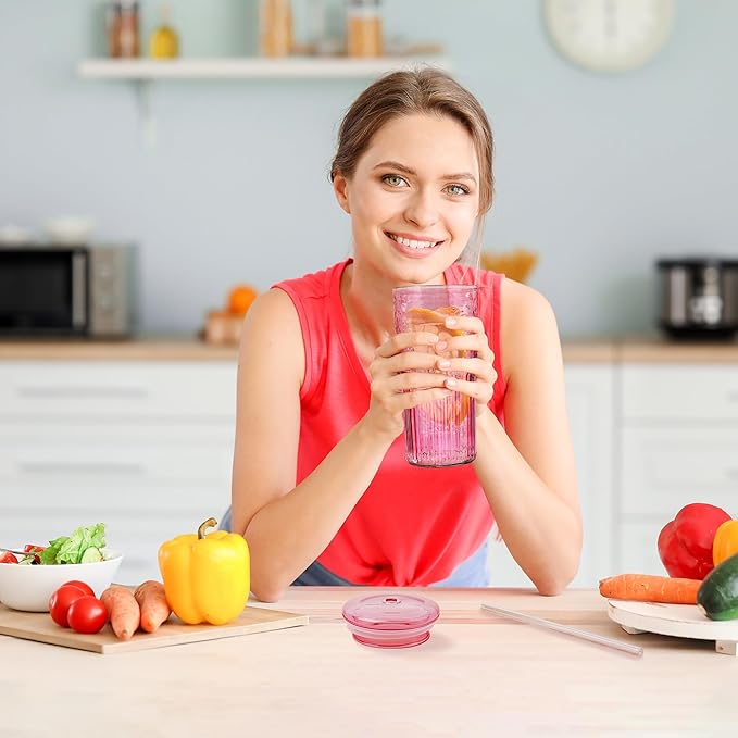 Joeyan 22 oz Pink Glass Tumbler with Straw and Lid for Iced Tea Coffee Smoothie Water Juice Beverages Soda,Ribbed Glasses Cups,Borosilicate Drinking Jar,Set of 2,Dishwasher Safe
