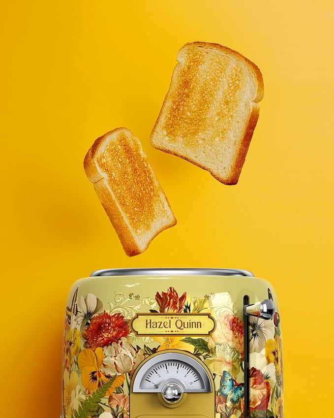 Hazel Quinn X Eduardo Recife Collaboration 2-Slice Retro Toaster, 6 Browning Levels, 3 Functions-Defrost/Reheat/Cancel, Removable Crumb Tray for Easy to Clean, 1.5 Inches Extra Wide Slots