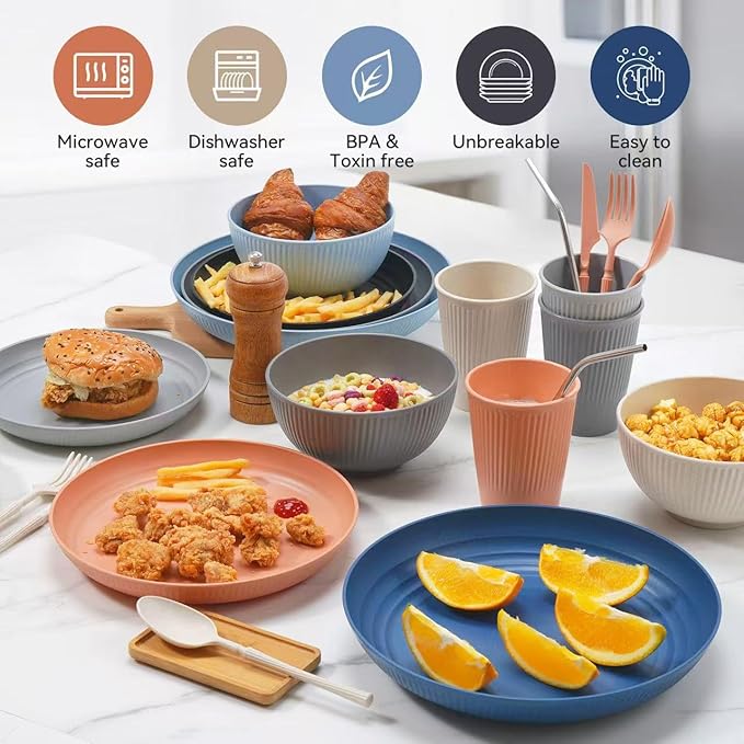 Wheat Straw Dinnerware Sets,56-Piece Plates and Bowls Sets for 8-Unbreakable,Reusable Plastic Dish Set-Dinner Plate/Cereal Bowl/Cup/Utensils-Microwavable Dishwasher Safe 56P-Blue