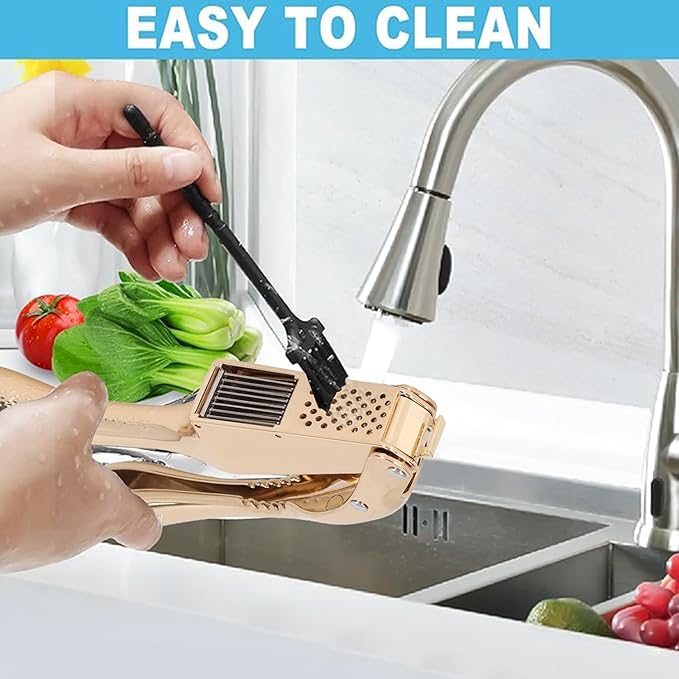 Garlic Press and Slicer 2 in 1, Rust Proof & Dishwasher Safe Professional Garlic Mincer Tool, Effortlessly Crush and Mince Garlic with this Ergonomic Handle-Garlic Slicer & Brush ANCQMI(Gold)