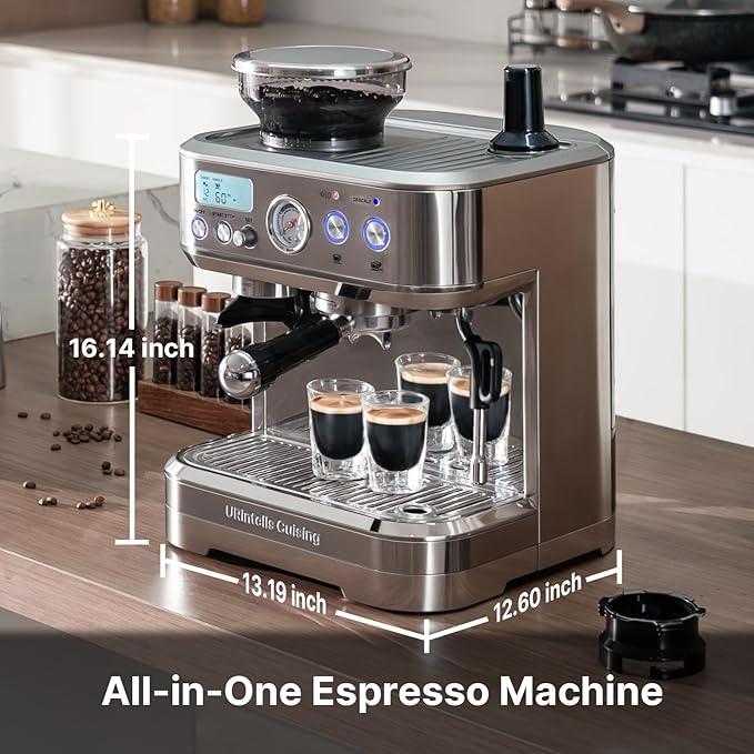 Espresso Machine with Grinder, Espresso Maker with 58MM Portafilter & Milk Frother, Latte Machine, Cappuccino Machines for Home, Automatic Stainless Steel Expresso Coffee Machines