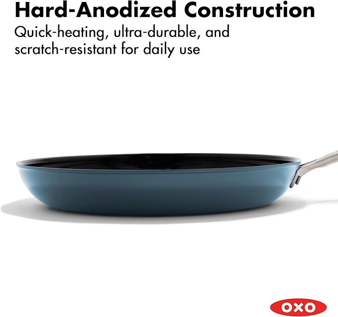 OXO Enhanced Hard Anodized Nonstick 12-Inch Frying Pan, Dishwasher Safe, PFAS-Free Ceramic Skillet, Oven & Broiler Safe to 600°F, Durable Kitchen Cookware, Stainless Steel Handle, Storm Blue