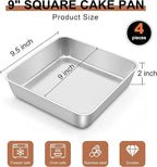 LIANYU 9 x 9 Inch Square Baking Cake Pan Set of 4, Stainless Steel Brownie Bread Cake Molds, Square Bakeware for Lasagna Pie, Oven & Dishwasher Safe