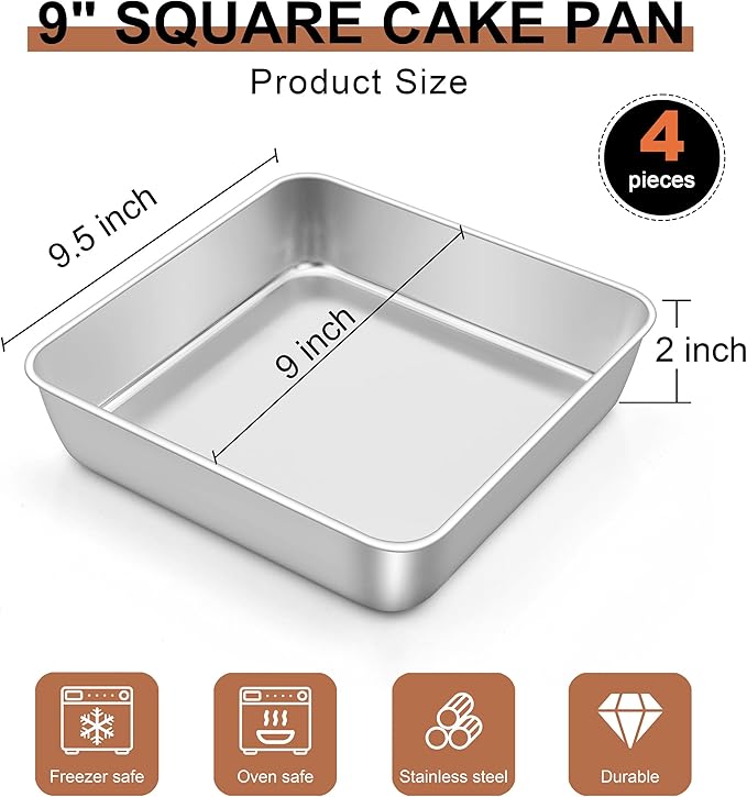 LIANYU 9 x 9 Inch Square Baking Cake Pan Set of 4, Stainless Steel Brownie Bread Cake Molds, Square Bakeware for Lasagna Pie, Oven & Dishwasher Safe