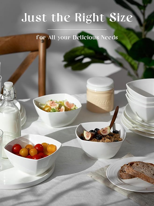 DOWAN Porcelain Soup Bowls Set of 6, 27 OZ Ceramic Square Cereal Bowls, Soft White Bowl, for Ice Cream and Dessert Snack, Wedding Party Gift, Microwave Safe Bowl