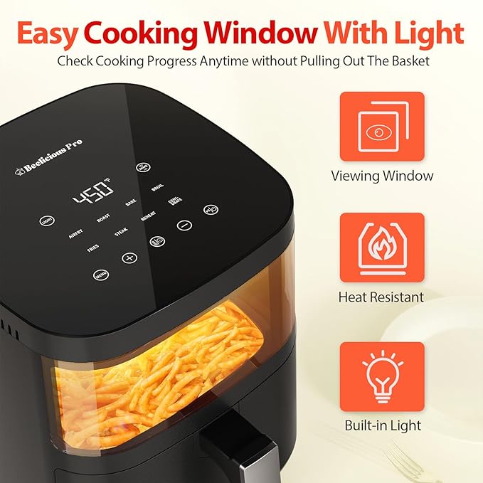 Air Fryer, Beelicious 8-in-1 Smart Compact 4QT Air Fryers, with Viewing Window, Shake Reminder, 450°F Digital Airfryer with Flavor-Lock Tech, Dishwasher-Safe & Nonstick, Fit for 1-3 People, Black