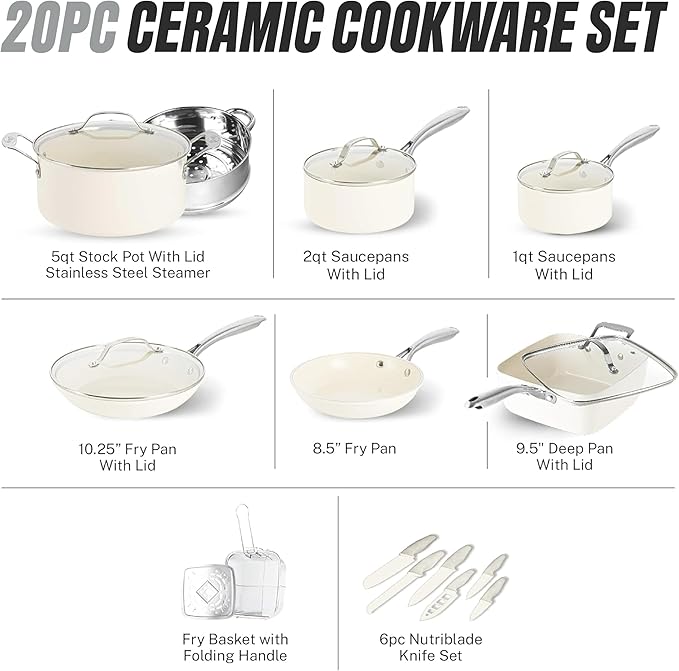 Gotham Steel 20pcs Pots and Pans Set Non Stick Ceramic Cookware Set with Deep Frying Pan Set & 6pc Knife Set, Improved Ti-Cerama Coating Made without PFOA PFOS Lasts 2x Longer, Oven & Dishwasher Safe