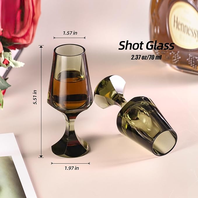 KAMMAK Crystal Snifter Glass Set of 2 - Hand Blown Stemmed Whiskey Glass for Bourbon-2.37oz, Brandy & Cognac with Delicate Rim, Colored Elegant Etched Detailing, Luxury Barware for Tasting & Gift