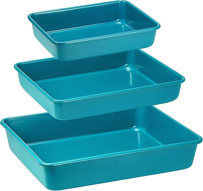 HONGBAKE Deep Baking Pans Set Nonstick, 3 Pack Large Rectangular Sheet Cake Pans,13/11/9Inch Oven Metal Baking Sheet Set, Stackable Non Toxic Bakeware for Baking Lasagana, Blue