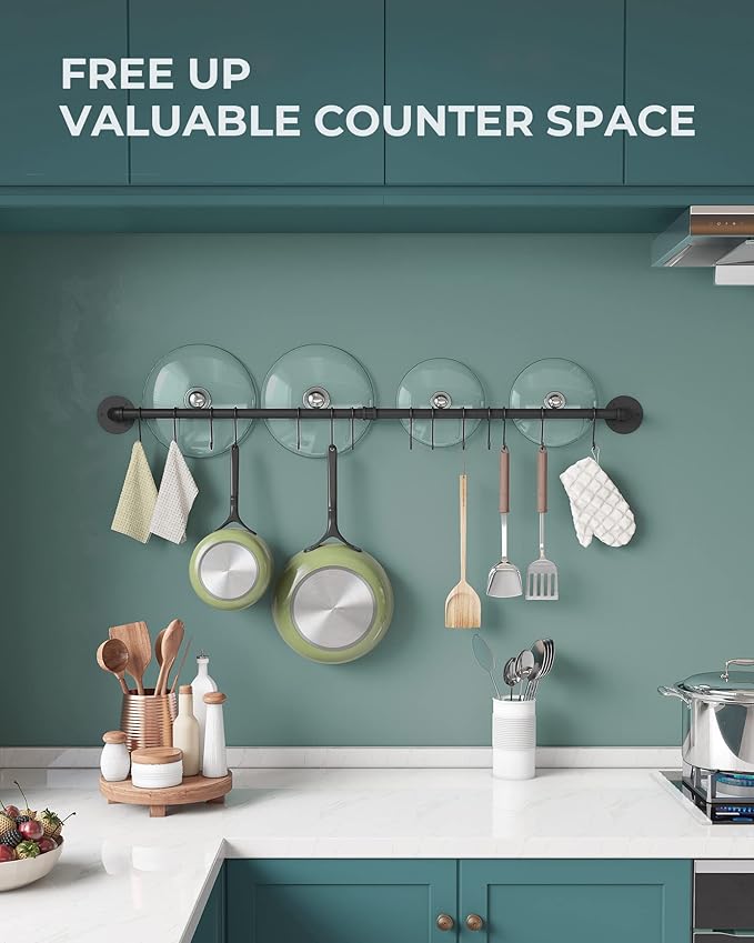 OROPY 38 inch Pot Bar Rack Wall Mounted Detachable Pans Hanging Rail Kitchen Lids Utensils Hanger with 14 S Hooks Black